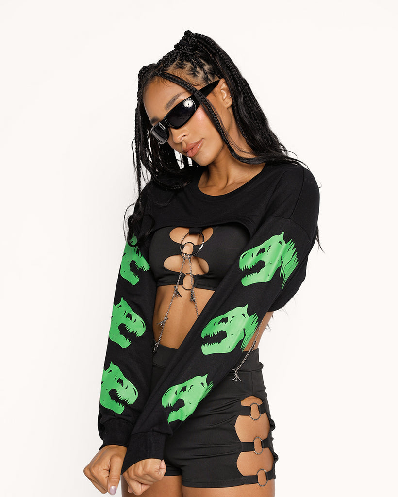 Raveasaurus Rex Ultra Crop Top-Black/Green-Regular-Front--Courtney---S