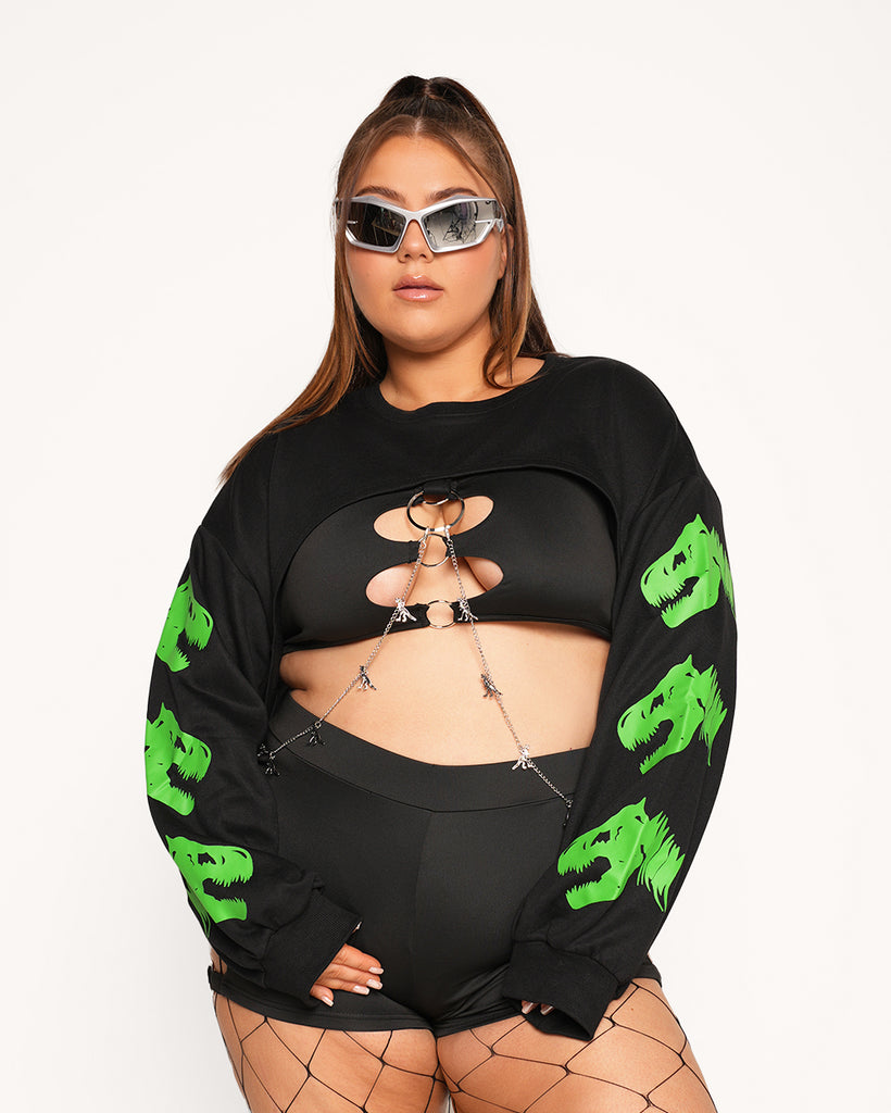 Raveasaurus Rex Ultra Crop Top-Curve1-Black/Green-Front--Milani---1X