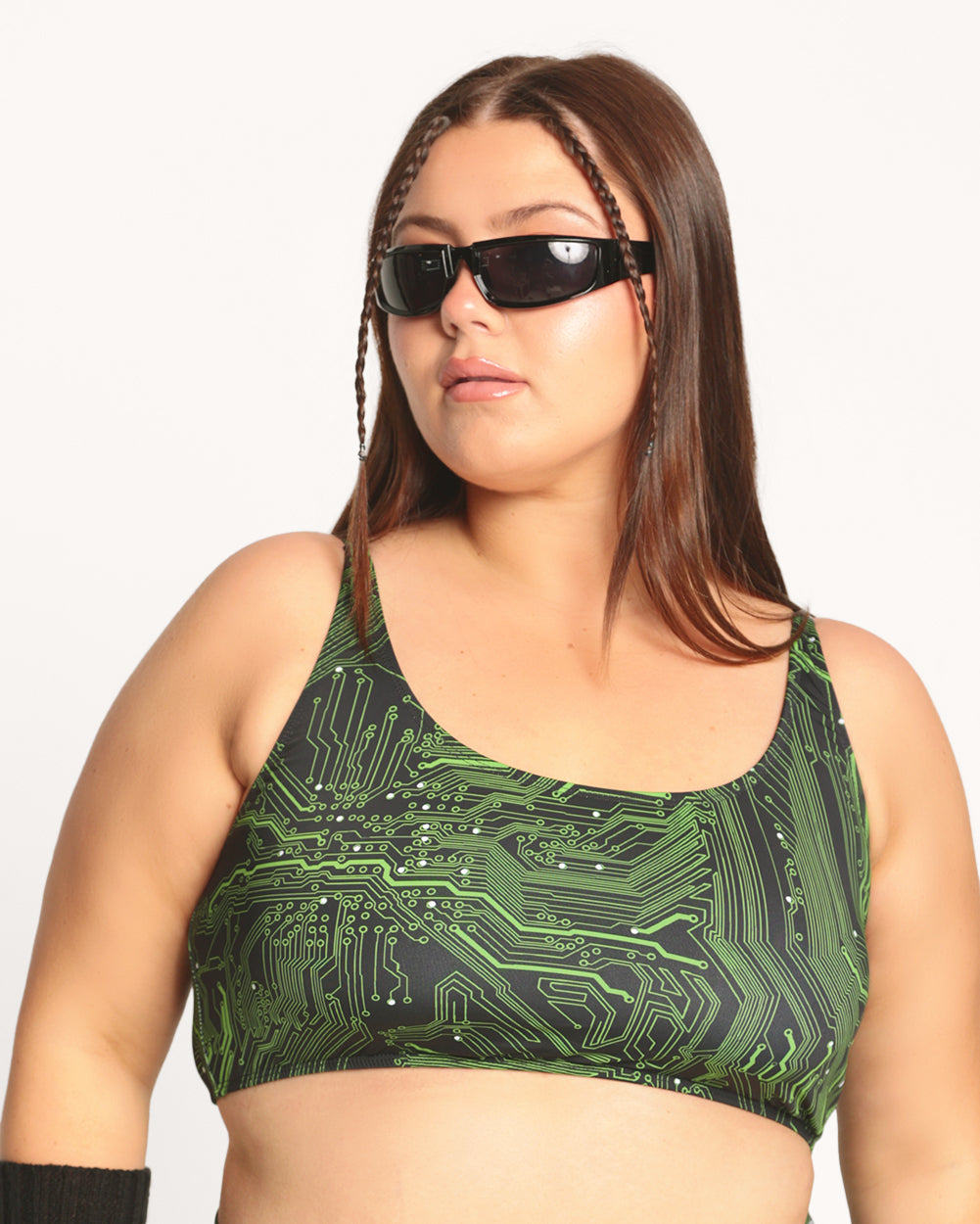 Recycled Fabric Cyber Matrix Underboob Top-Black/Neon Green-Curve1-Front--Milani---1X