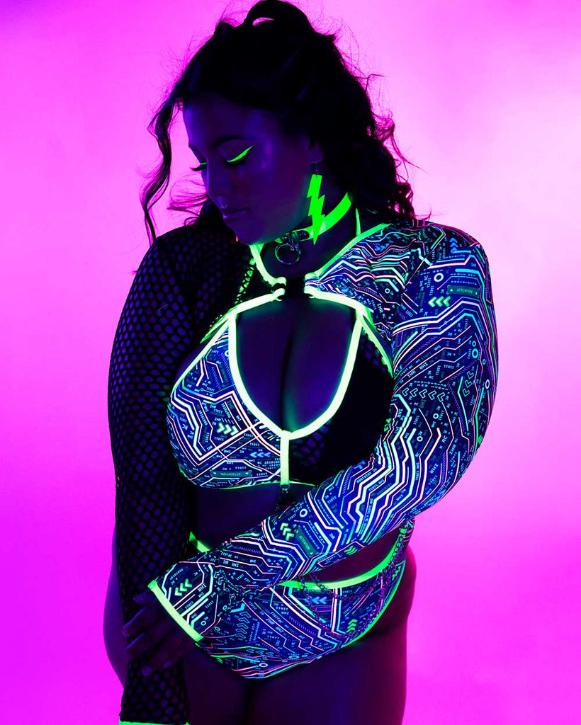 Rolita Couture x iHR Electro Matrix Splice Ultra Crop Top-Curve1-Black/Neon Green/Neon Pink-UV--Silvia---2XL