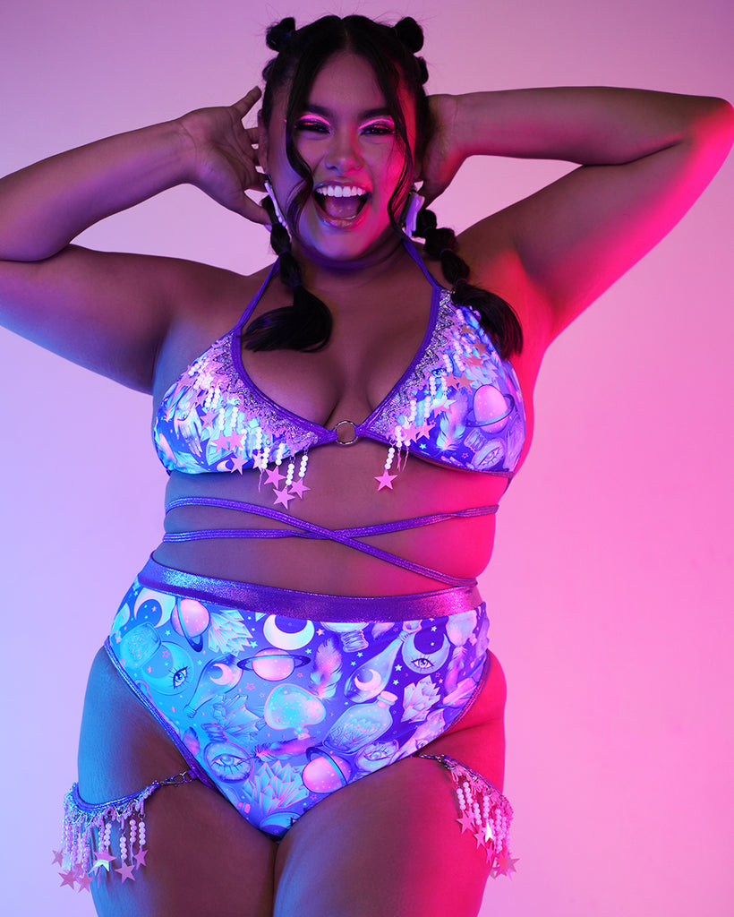 Rolita Couture x iHR Lucid Dream Fringe Bottoms-Blue/Pink/Purple-Curve1-UV Lifestyle--Anyssa---2XL