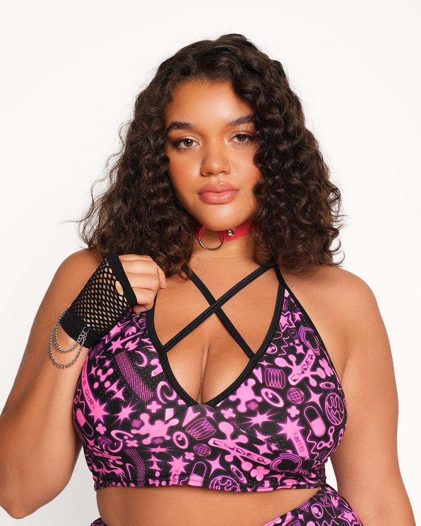 Rolita Couture x iHR Welcome to Fantasyland Bralette-Black/Neon Pink-Curve1-Front--Makayla3---2XL