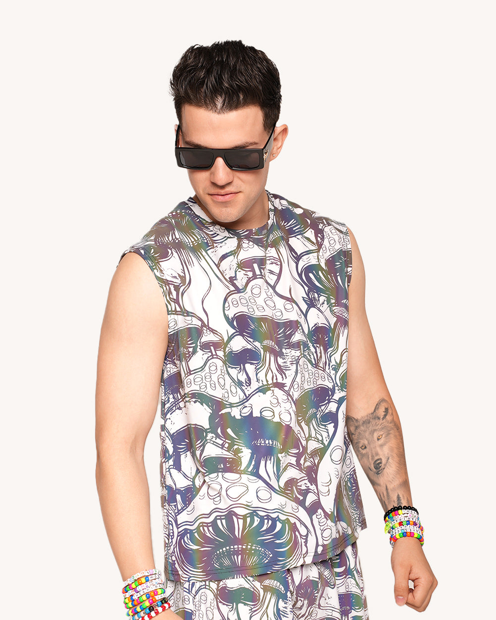 Secret of Life Mushroom Rainbow Reflective Muscle Tee-Men