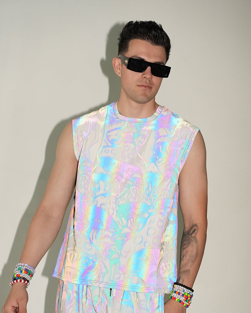 Secret of Life Mushroom Rainbow Reflective Muscle Tee-Men