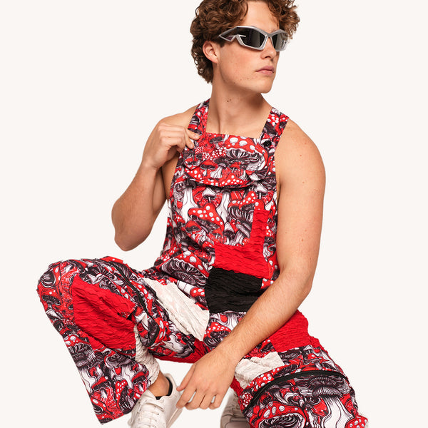Mushroom print zip off overalls for festival fashion