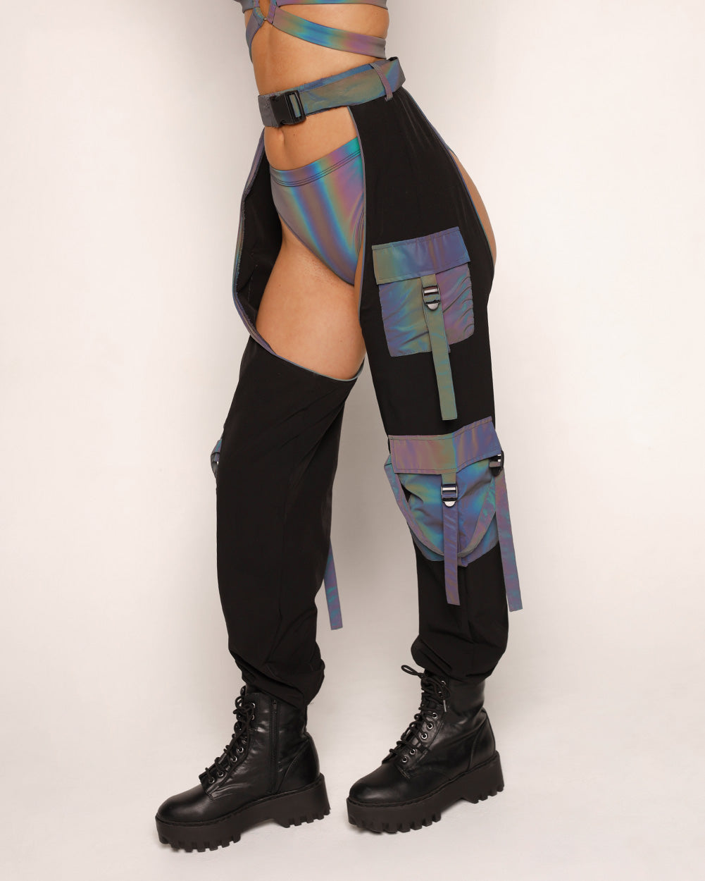 Split Decision Rainbow Reflective Chaps-Black/Rainbow-Regular-Side--Sarah2---S