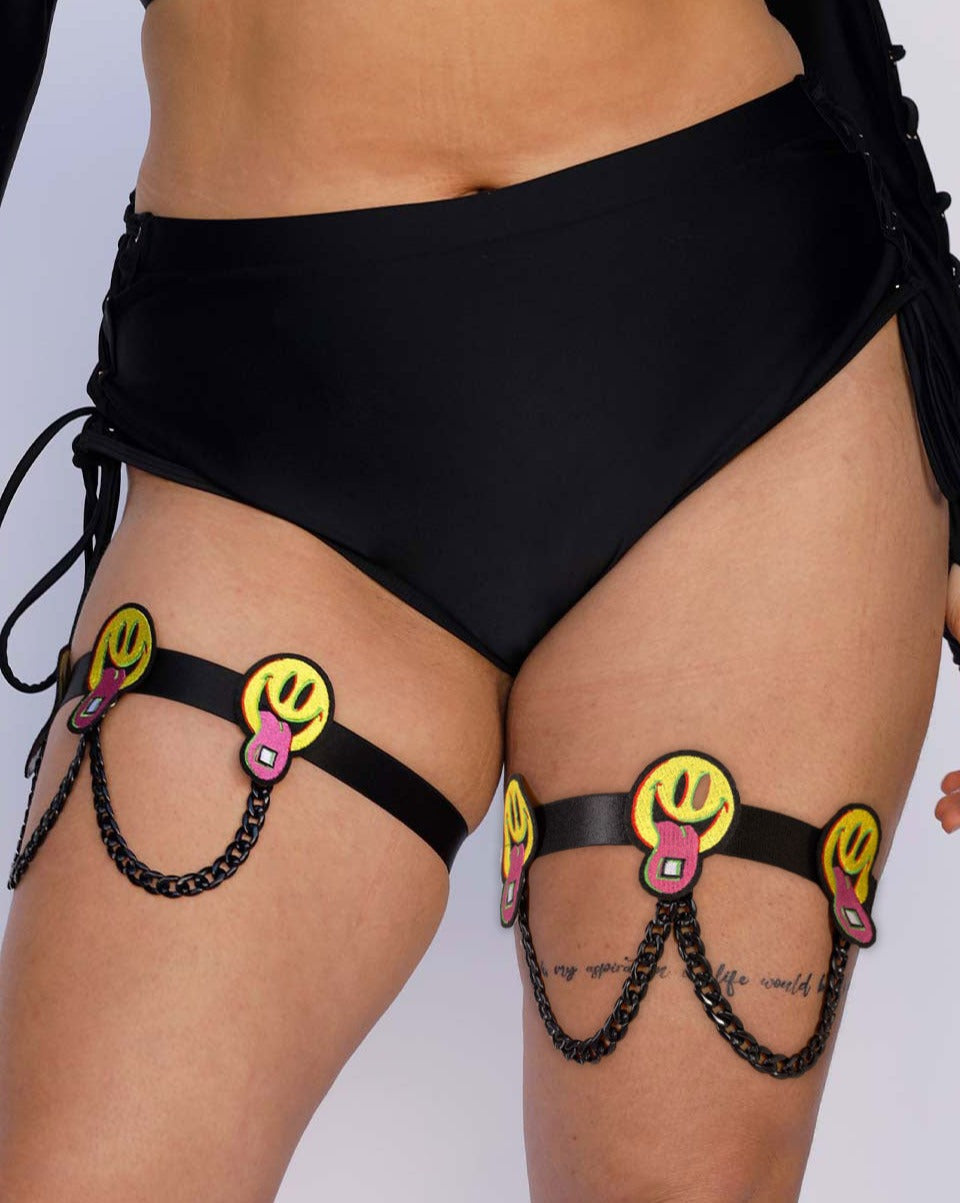 Happy Hour Pair Leg Garters-Black/Yellow-Regular-Front 2--Model---S