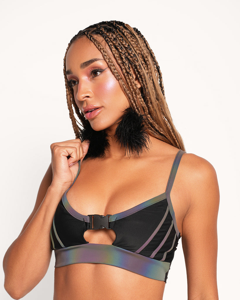 Thunder Shock Rainbow Reflective Speed Clasp Crop Top-Black/Rainbow-Regular-Front--Courtney---S