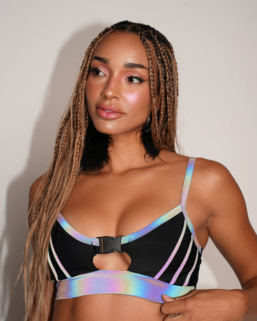 Thunder Shock Rainbow Reflective Speed Clasp Crop Top-Black/Rainbow-Regular-Reflective--Courtney---S