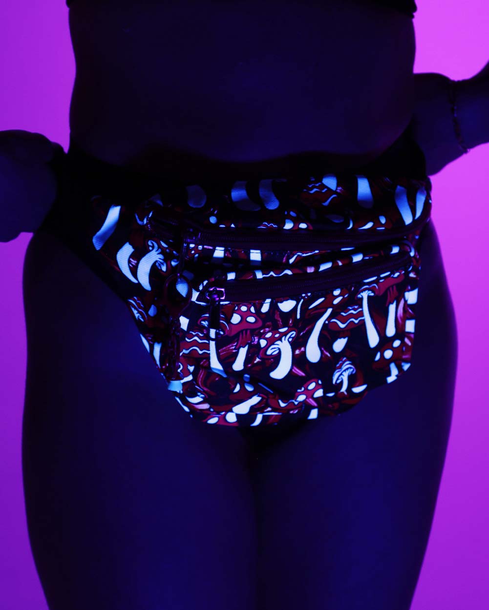 Mushroom Paradise UV Reactive Fanny Pack-Black/Red/White-UV