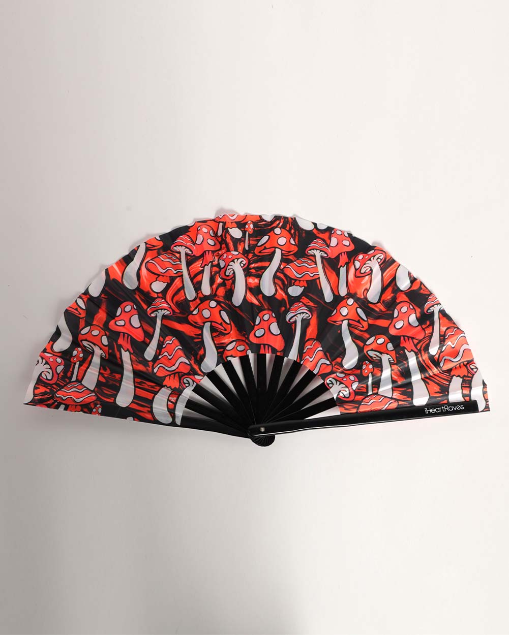 Mushroom Paradise UV Reactive Hand Fan-Red/White-Front