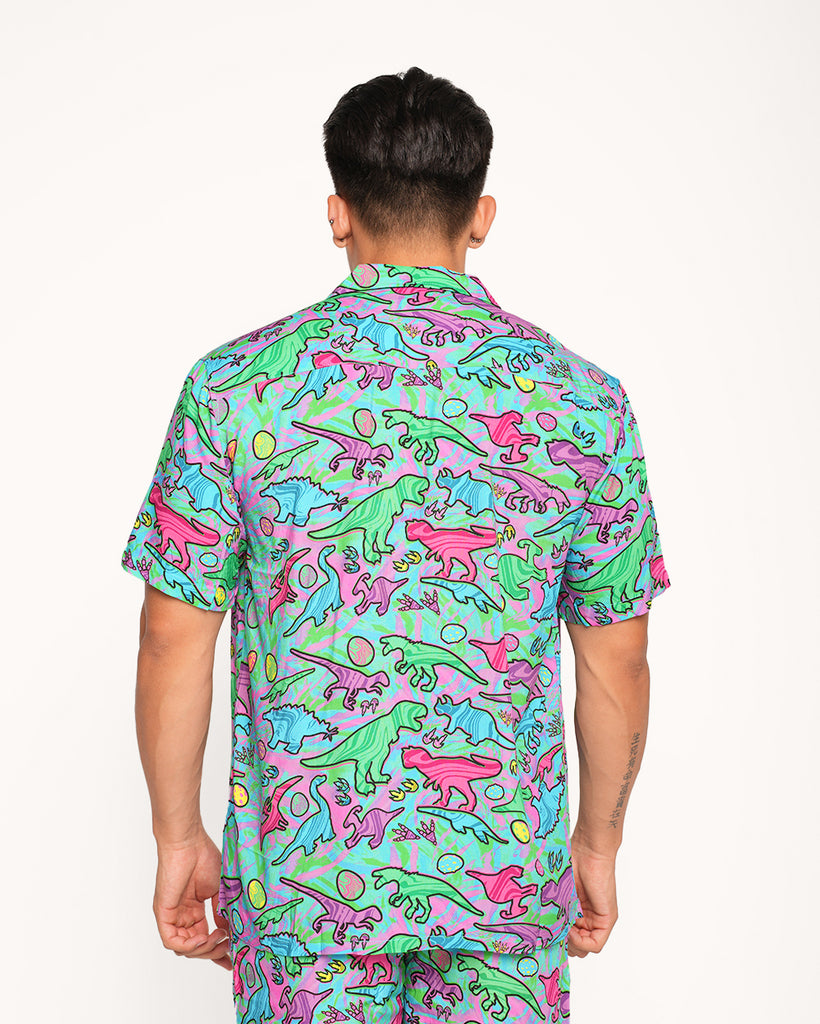 Trippy T-Rex Men's Camp Shirt-Neon Blue/Neon Green-Regular-Back--Raine--L