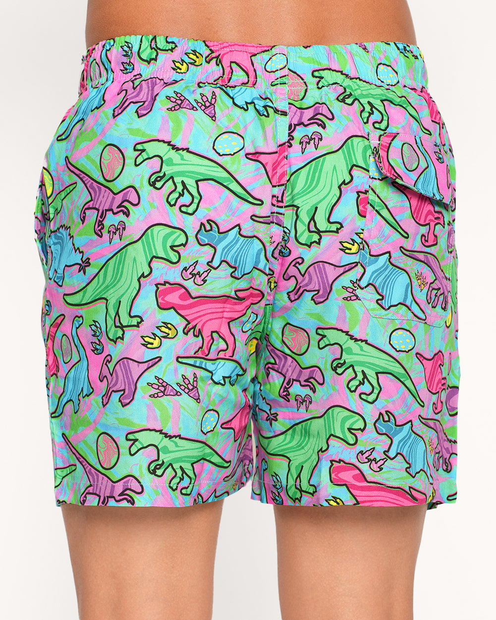 Trippy T-Rex Men's Camp Shorts-Neon Green/Neon Blue-Regular-Back--Raine--L