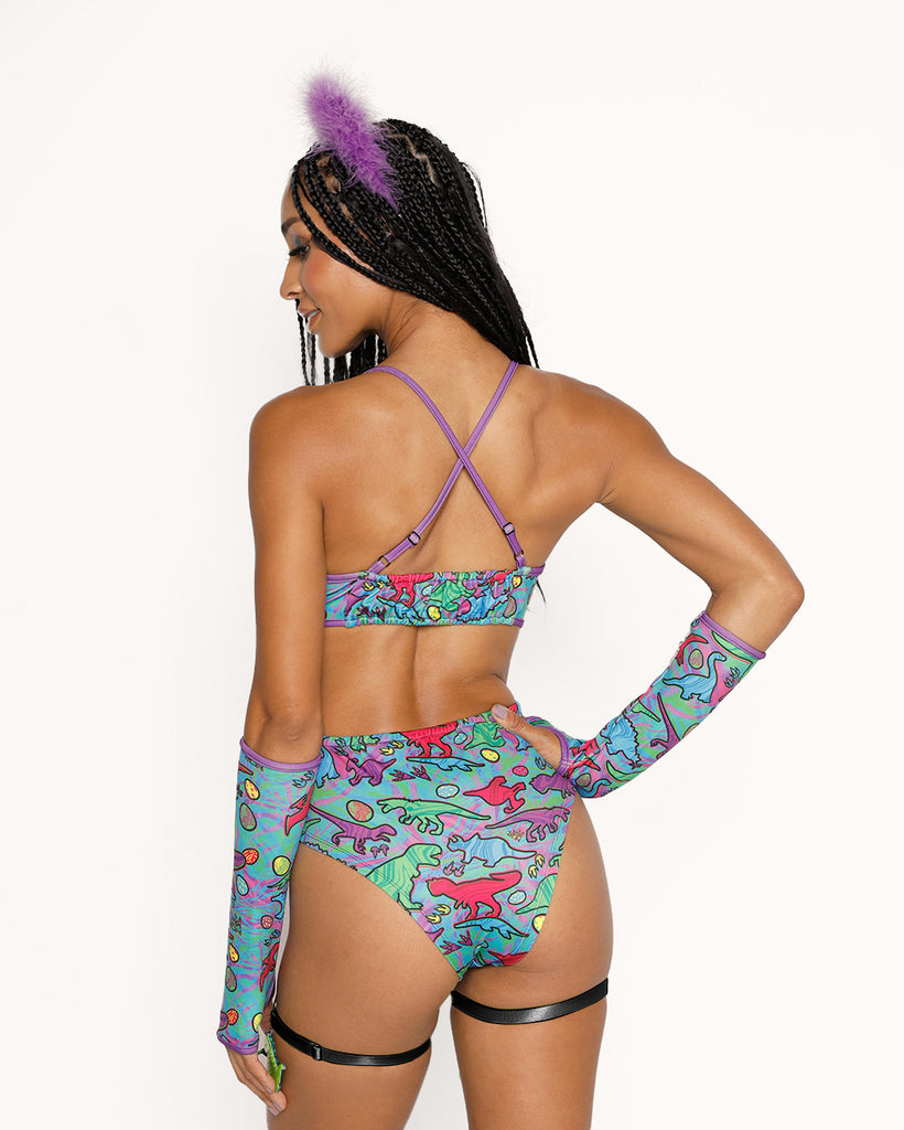 Trippy T-Rex Halter Bodysuit with Sleeves-Blue/Green/Pink-Regular-Back--Courtney---S