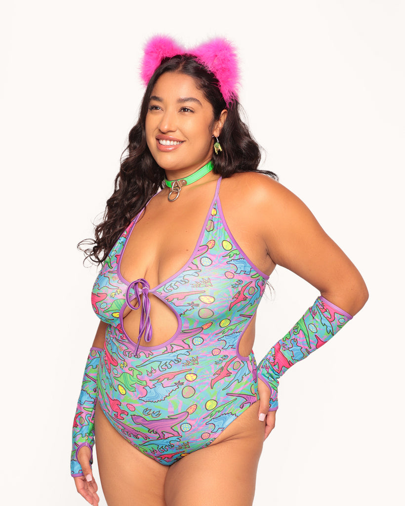 Trippy T-Rex Halter Bodysuit with Sleeves-Blue/Green/Pink-Curve1-Front--Nicole---1X