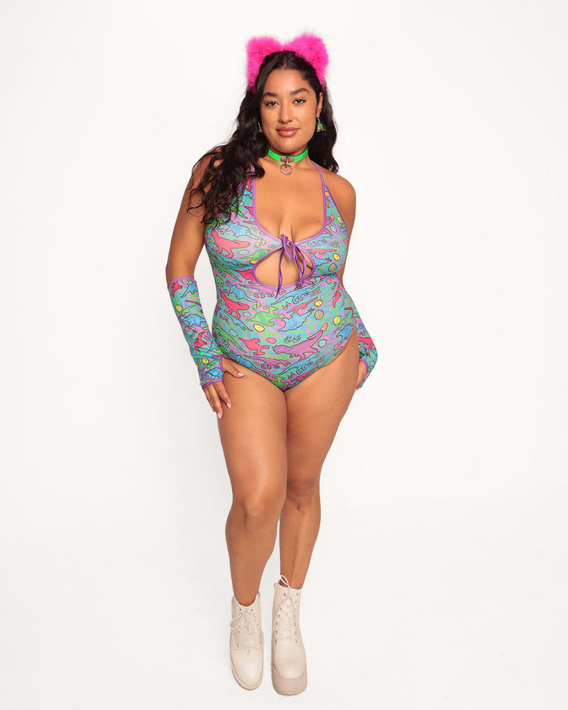 Trippy T-Rex Halter Bodysuit with Sleeves-Blue/Green/Pink-Curve1-Full--Nicole---1X