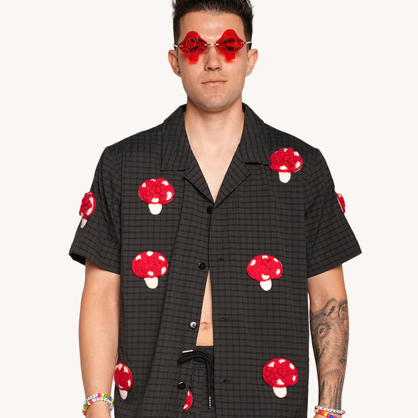 Trippy toadstool print camp shirt for festival fashion