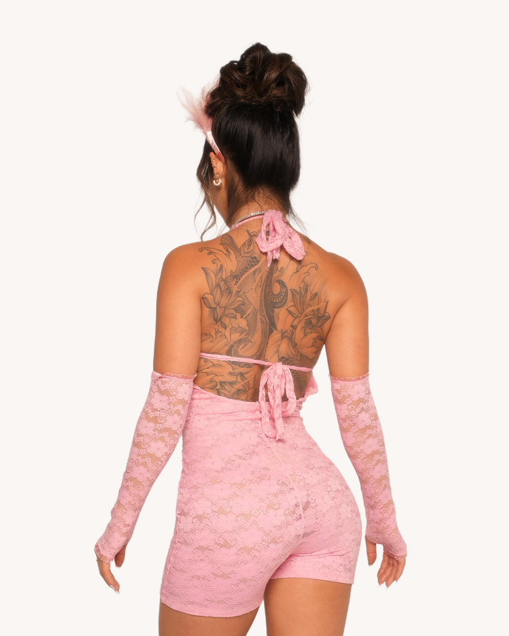 VIP Behavior Lace Romper with Sleeves - Pink - Image 2