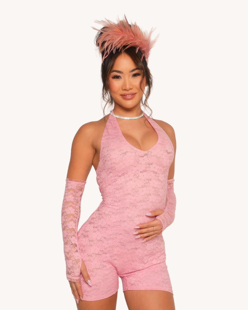 VIP Behavior Lace Romper with Sleeves - Pink - Image 1