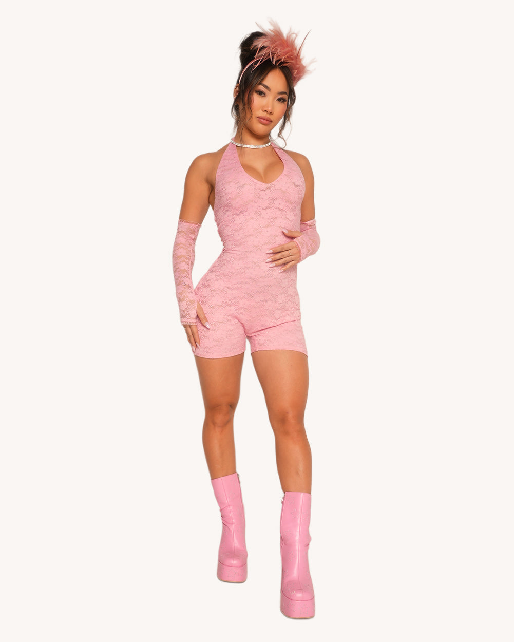 VIP Behavior Lace Romper with Sleeves - Pink - Image 3