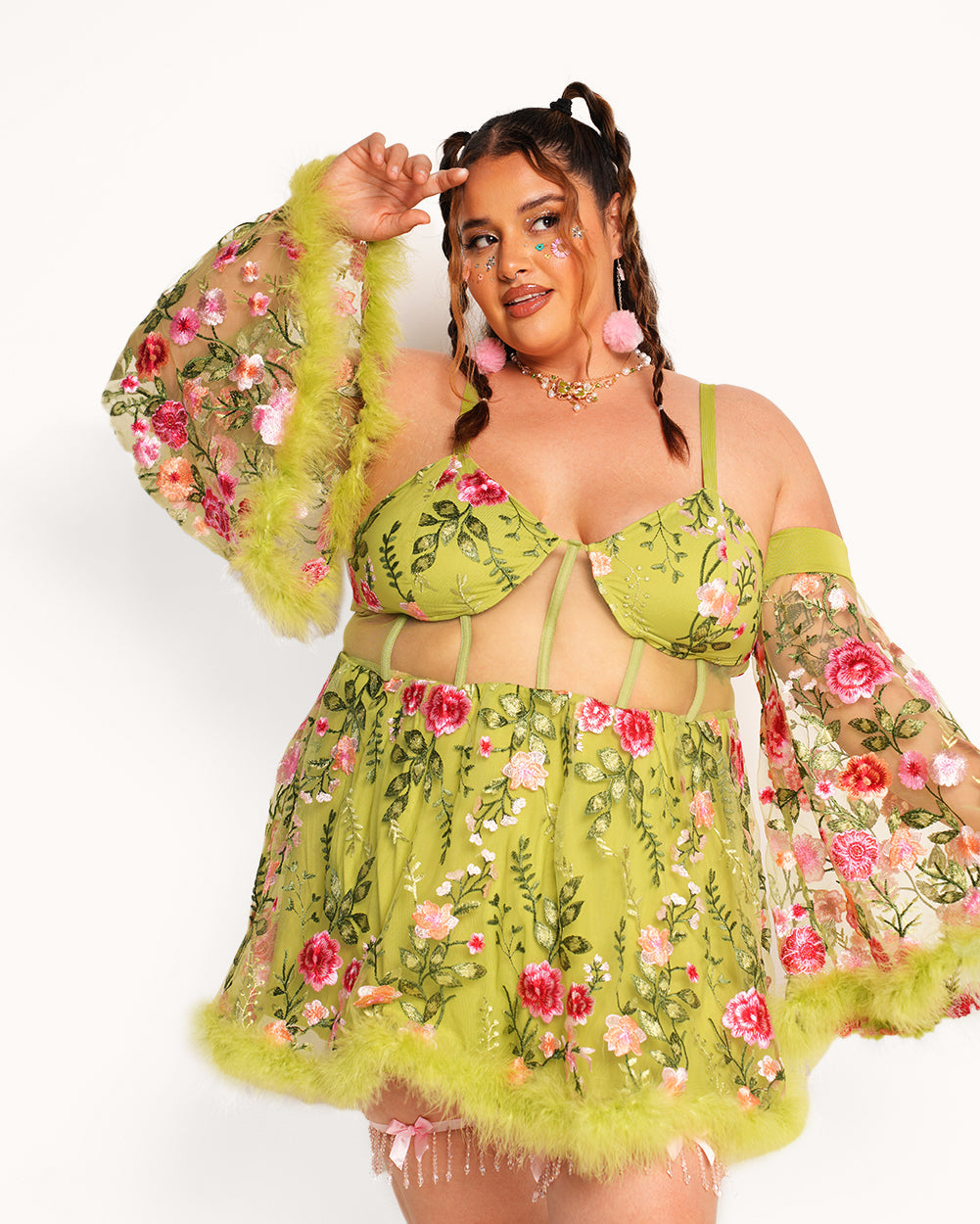 Whimsical Woodland Floral Dress Set-Green/Pink-Curve1-Front--Daniella---1X