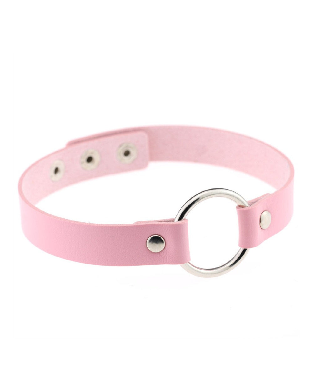 Y2K Nostalgia Faux Leather Choker With Mini Ring-Baby Pink-Regular-Front--Model---S