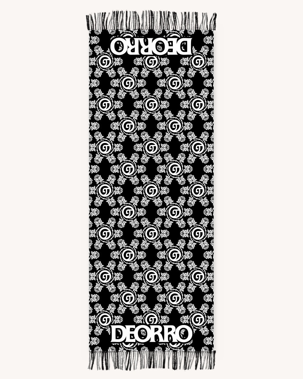 Deorro x iHR Pashmina full flat lay - black and white rose print with DEORRO at both ends