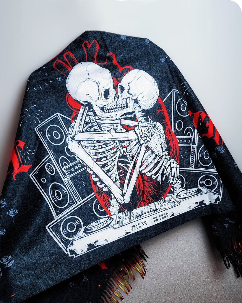 Liya Kitten Rave 'Til The Grave Tassel Pashmina-Black/Red/White-Front