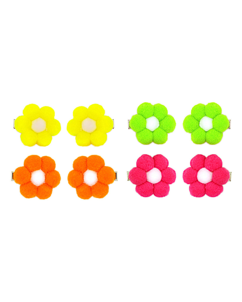Poppy Petals 4-Pair Set Neon Floral Hair Clips-Neon Green/Neon Orange/Neon Pink/Neon Yellow-Regular-Front