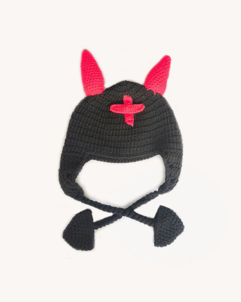 Not So Nice Devil Nurse Crochet Hat-Black/Red-Regular-Front 2--Model---S