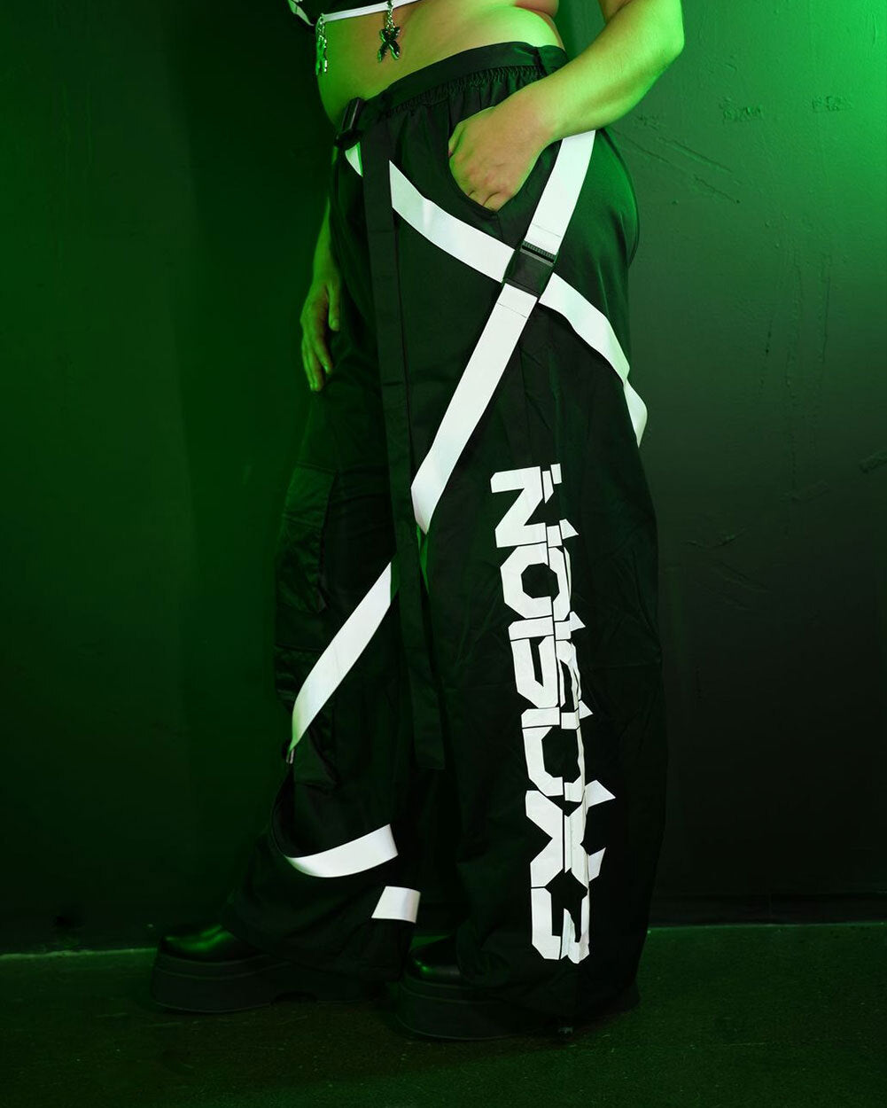 Excision x iHeartRaves Electric Surge Reflective Pants-Black/Grey-Curve1-Lifestyle--Makayla3---1X