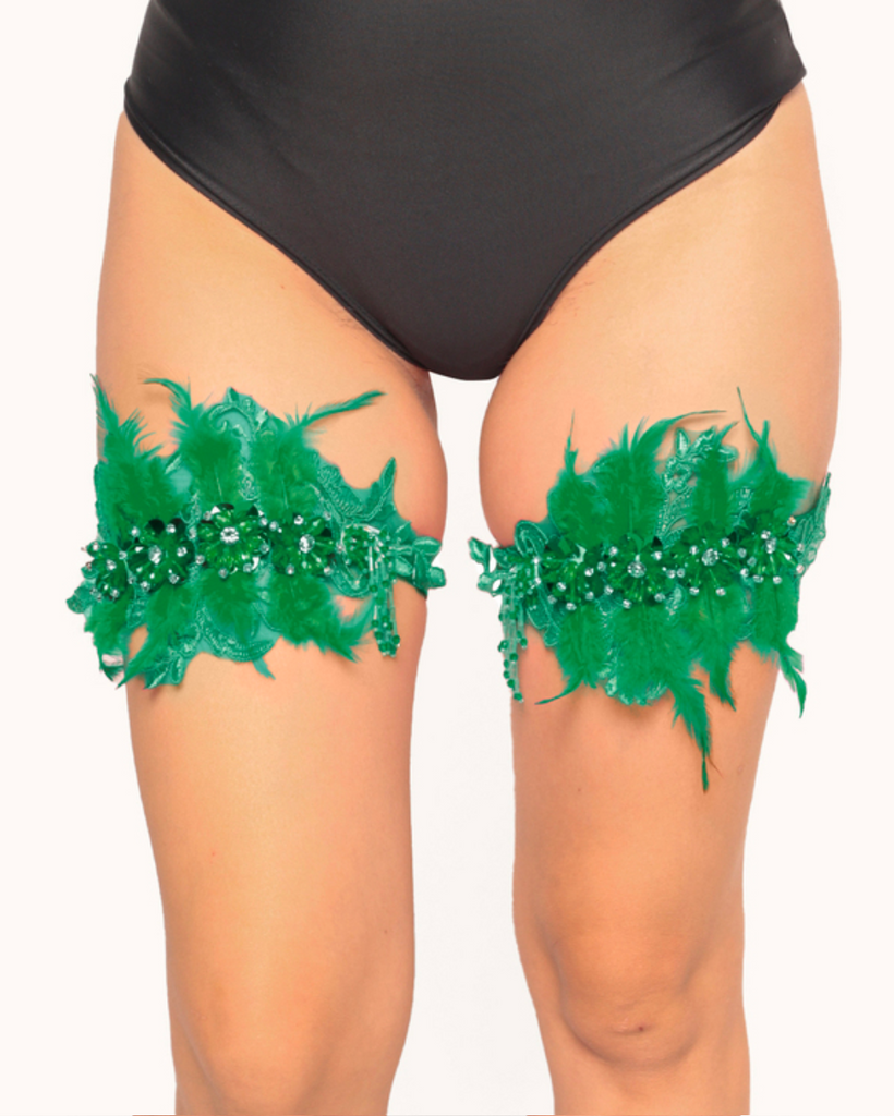 Feathery Flight Feather Sequin Pair Leg Garters-Green-Regular-Front--Model---S