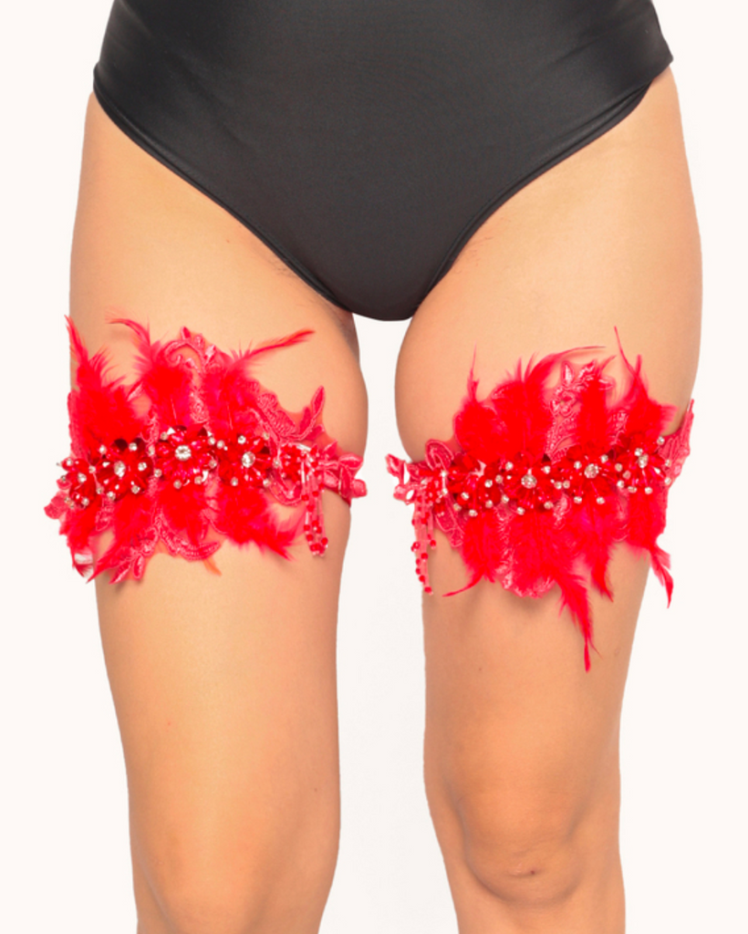 Feathery Flight Feather Sequin Pair Leg Garters-Red-Regular-Front--Model---S