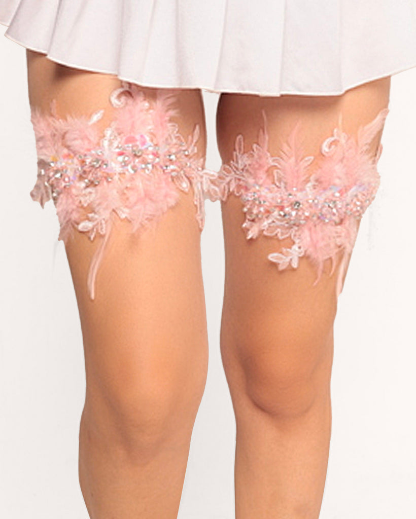 Feathery Flight Feather Sequin Pair Leg Garters-Baby Pink-Regular-Front--Model---S