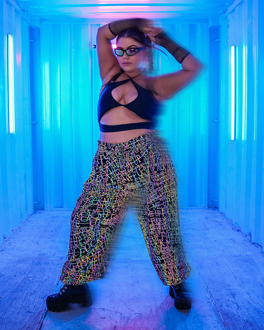 Alison Wonderland x iHR FMU Rainbow Reflective Harem Pants-Black/Rainbow-Curve1-Lifestyle--Milani---1X