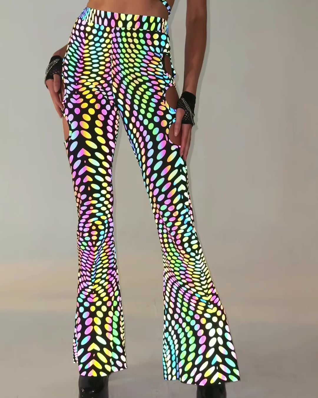 Pixel Perfect Rainbow Reflective Cutout Bell Bottoms-Black/Rainbow-Regular-allskus