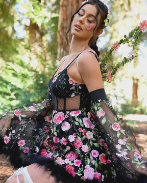 Whimsical Woodland Floral Dress Set-Black-Regular-allskus