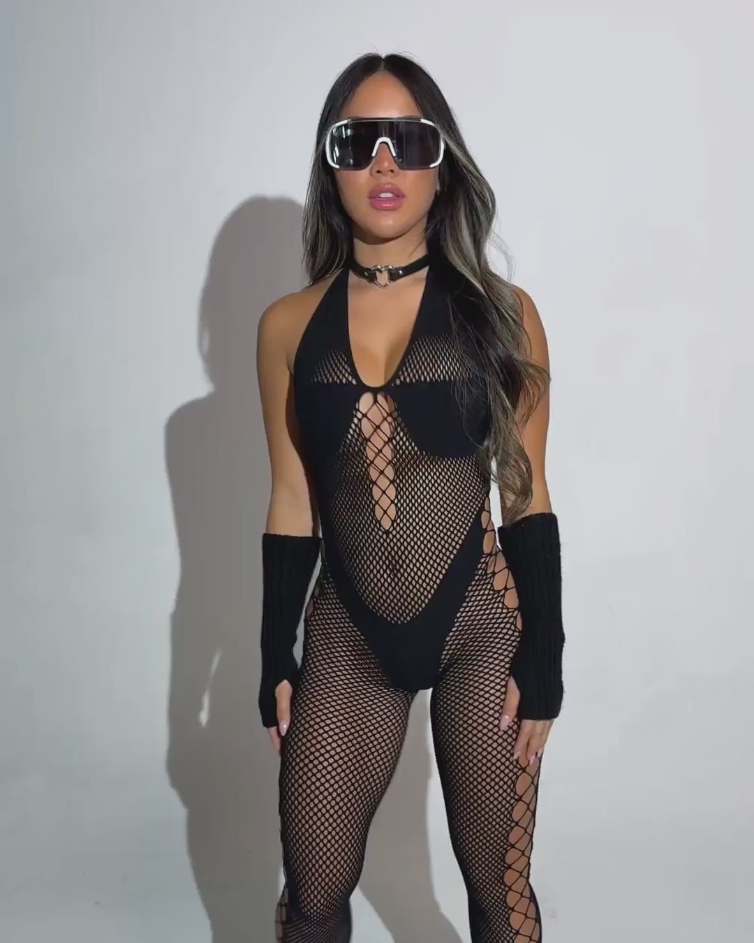 Hard Tech Fishnet Halter Jumpsuit - Image 33758614356151