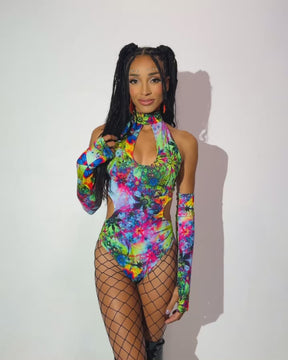 Wanderlust Halter Cutout Bodysuit with Gloves-Rainbow-allskus