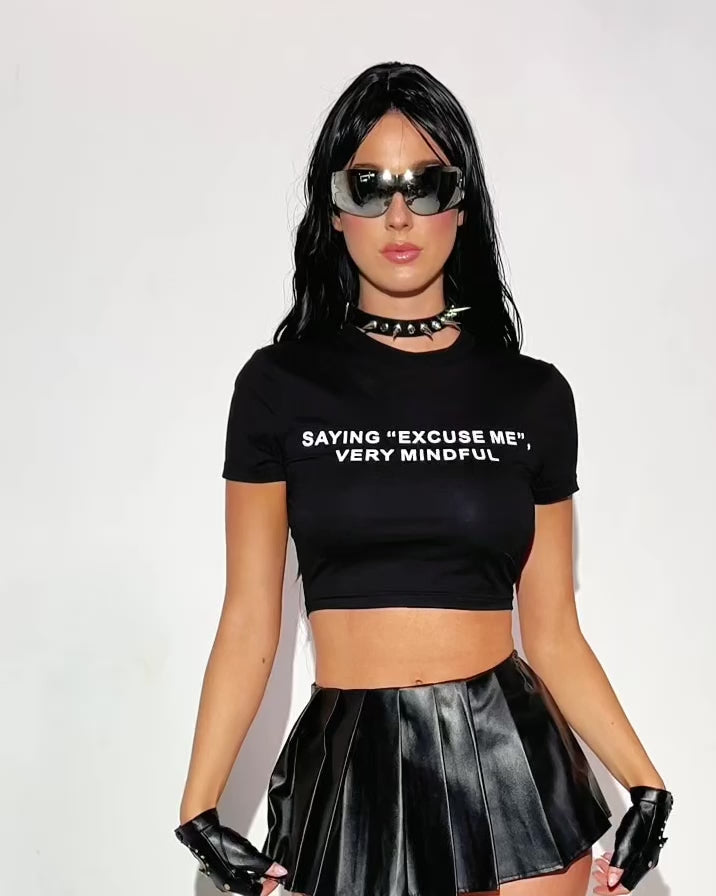 Saying Excuse Me, Very Mindful Cropped Tee-Black/White-allskus