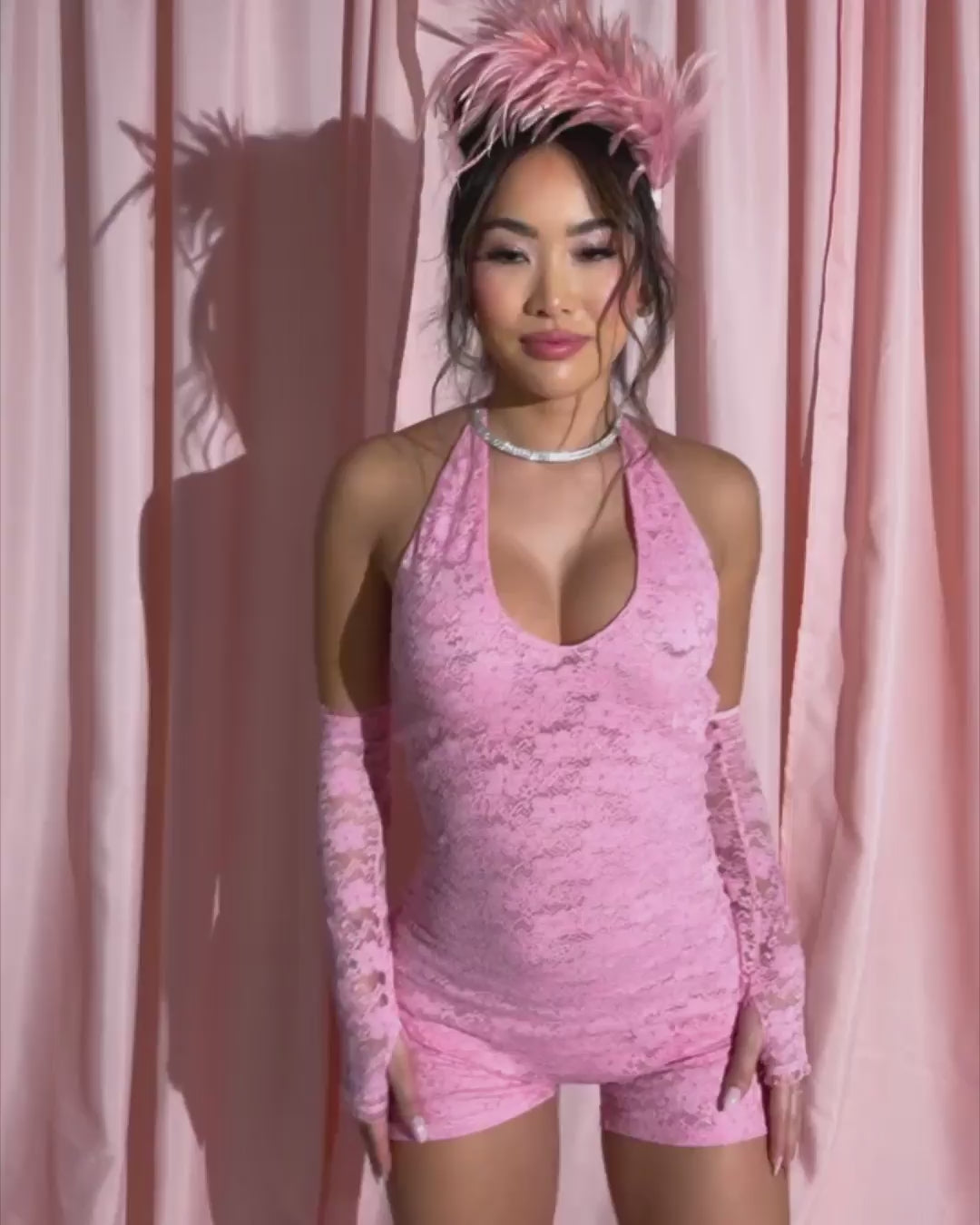 VIP Behavior Lace Romper with Sleeves - Pink - Image 34556670869687