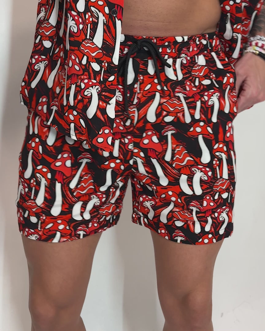 Mushroom Paradise Men's Camp Shorts-Black/Red/White-allskus