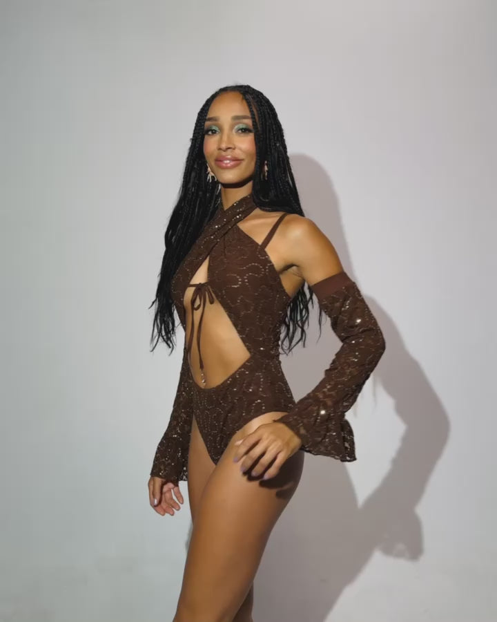 Flitteriffic Halter Bodysuit-Brown-allskus