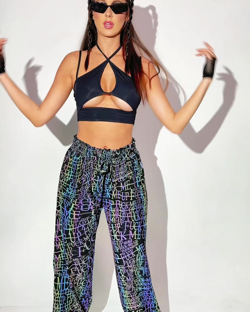 Alison Wonderland x iHR FMU Rainbow Reflective Harem Pants-Black/Rainbow-Regular-allskus