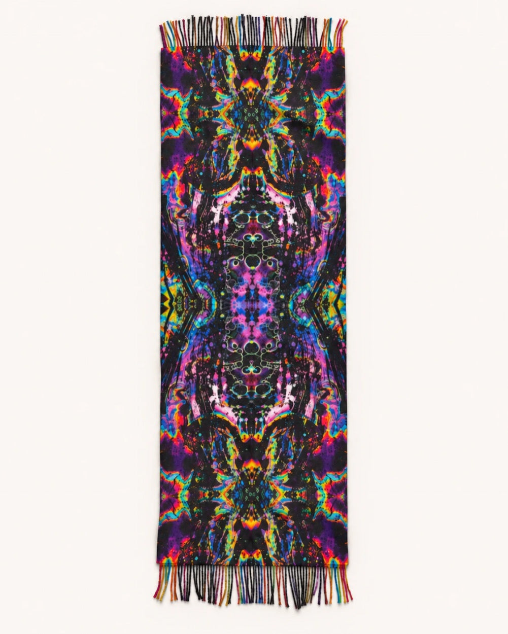 Psytrance Planet Pashmina full flat lay - black and neon rainbow kaleidoscope print