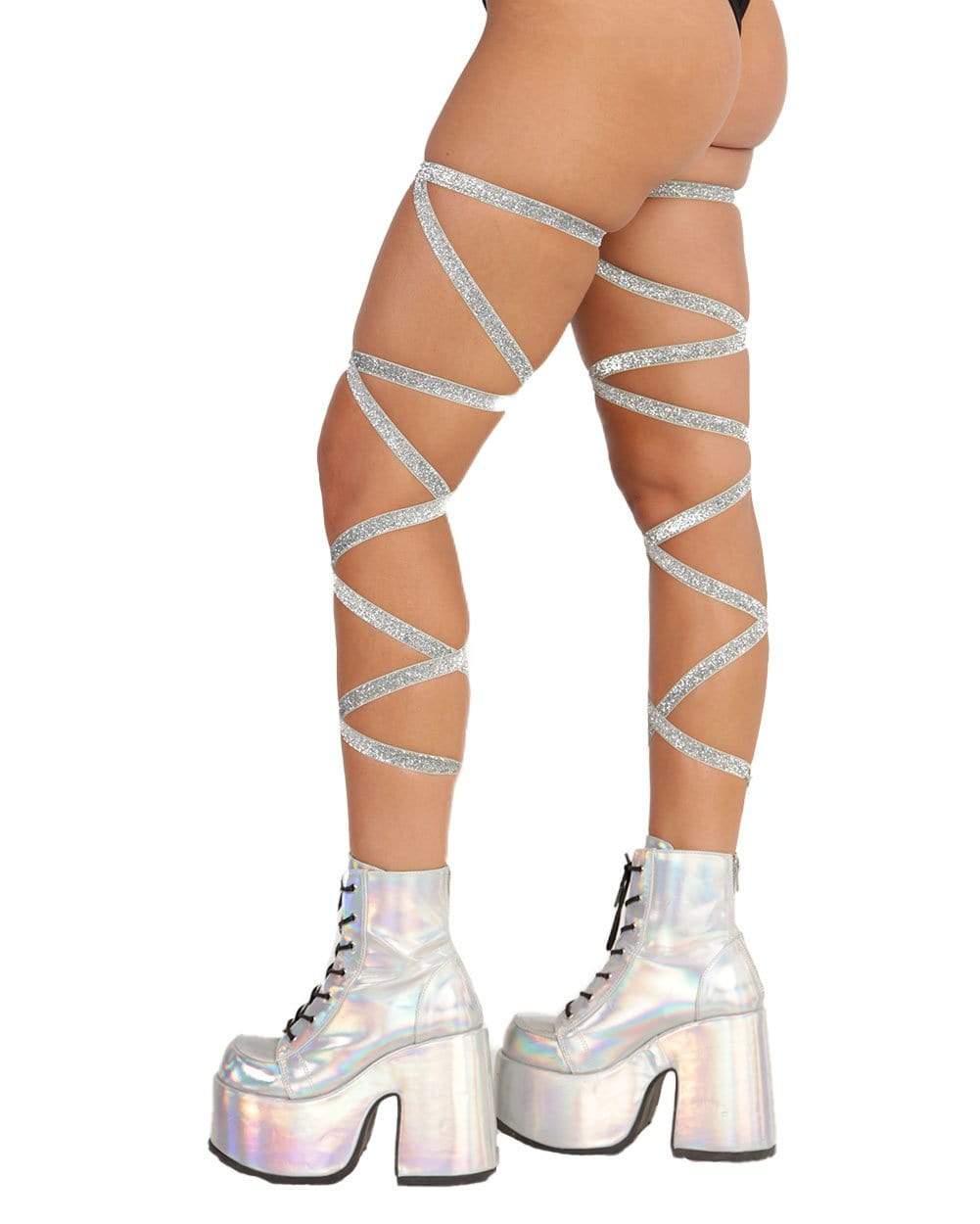 Pair of Non-Slip Silver Glitter Leg Wraps-Silver-Regular-Side 2--Model---S