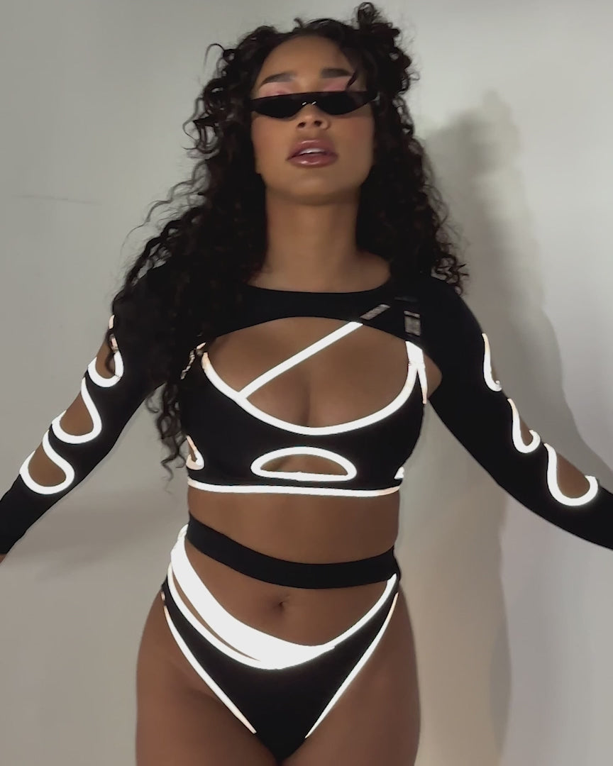 Backstage Baddie Reflective Arm Cutout Ultra Crop Top-Black/Silver-allskus