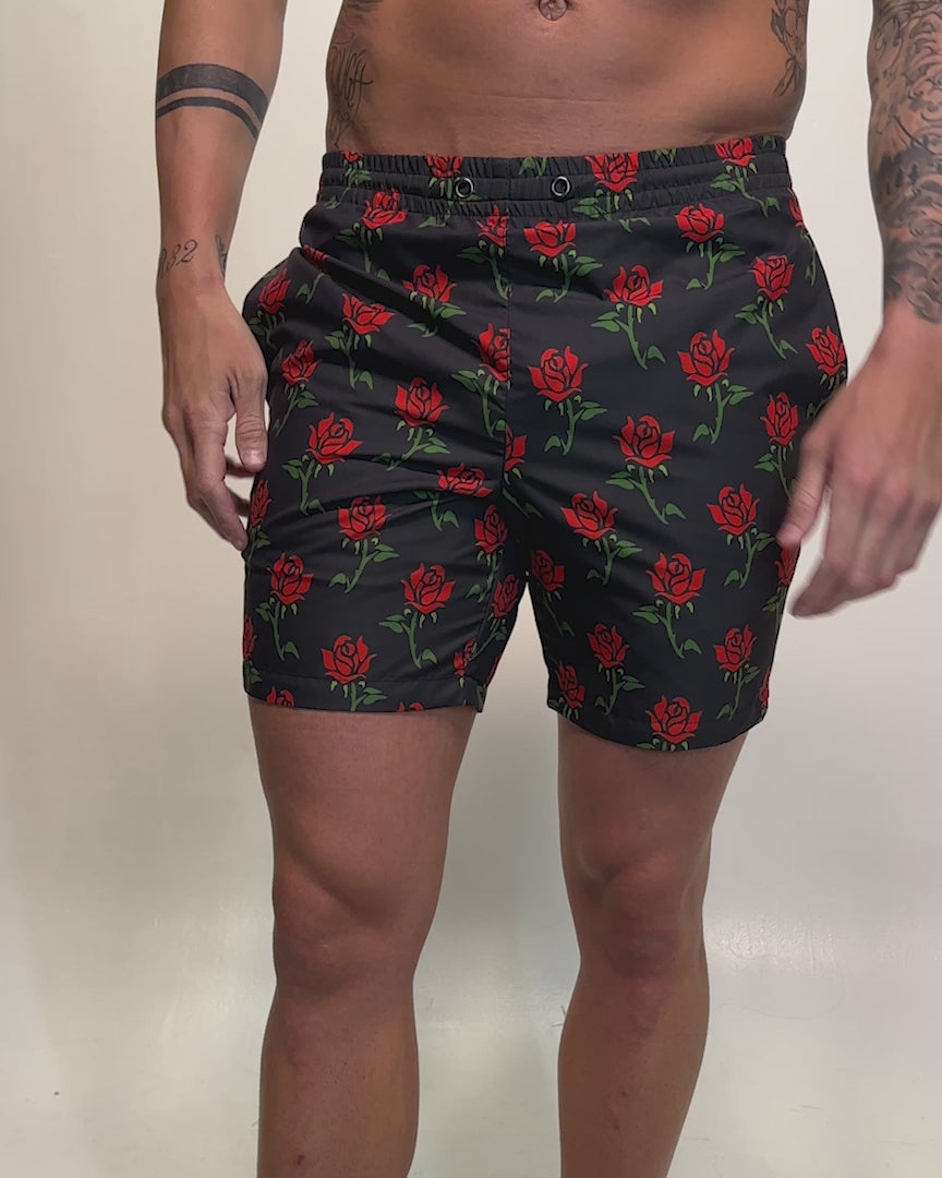 Roses Up My Sleeves Shorts-Black/Green/Red-allskus