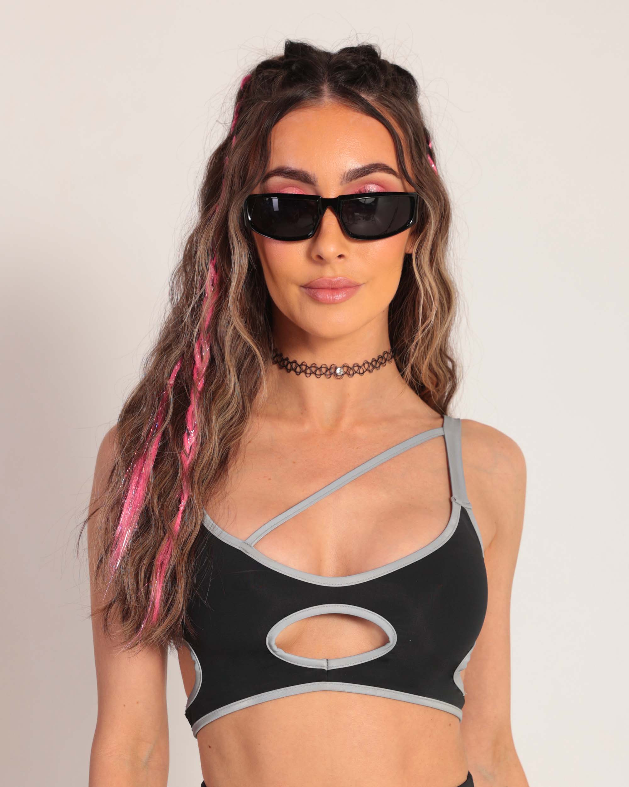 Backstage Baddie Reflective Cutout Top-Black/Silver-Regular-Front--Hannah---S