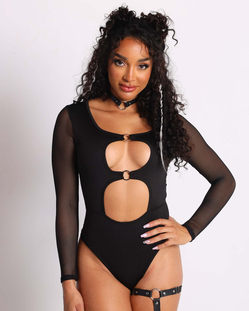 Black Festival Cut Out Thong Bodysuit with High Cut